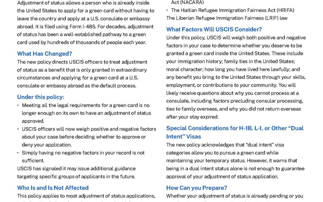 New USCIS Policy Restricting Adjustment of Status